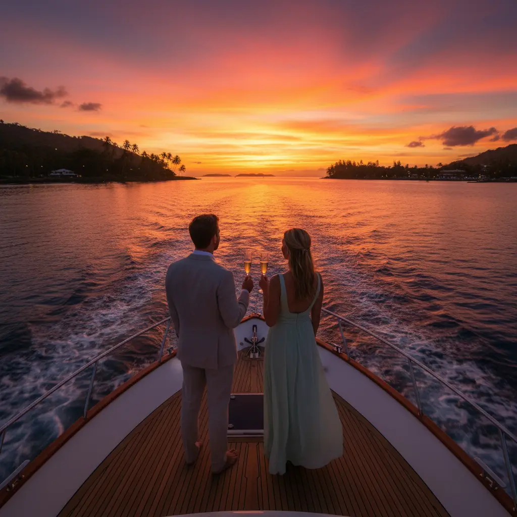 Couple enjoying a private sunset cruise in Port Vila