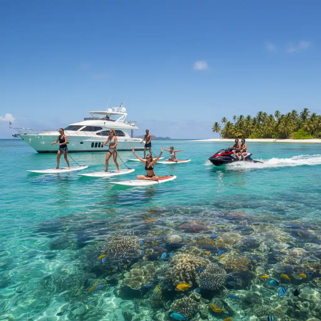 Luxury yacht guests using water toys in the Maskelyne Islands