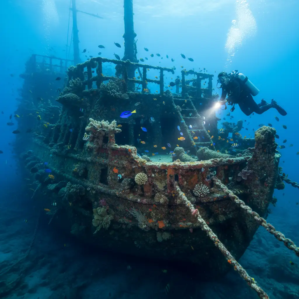 Scuba diver exploring the SS President Coolidge shipwreck in Vanuatu