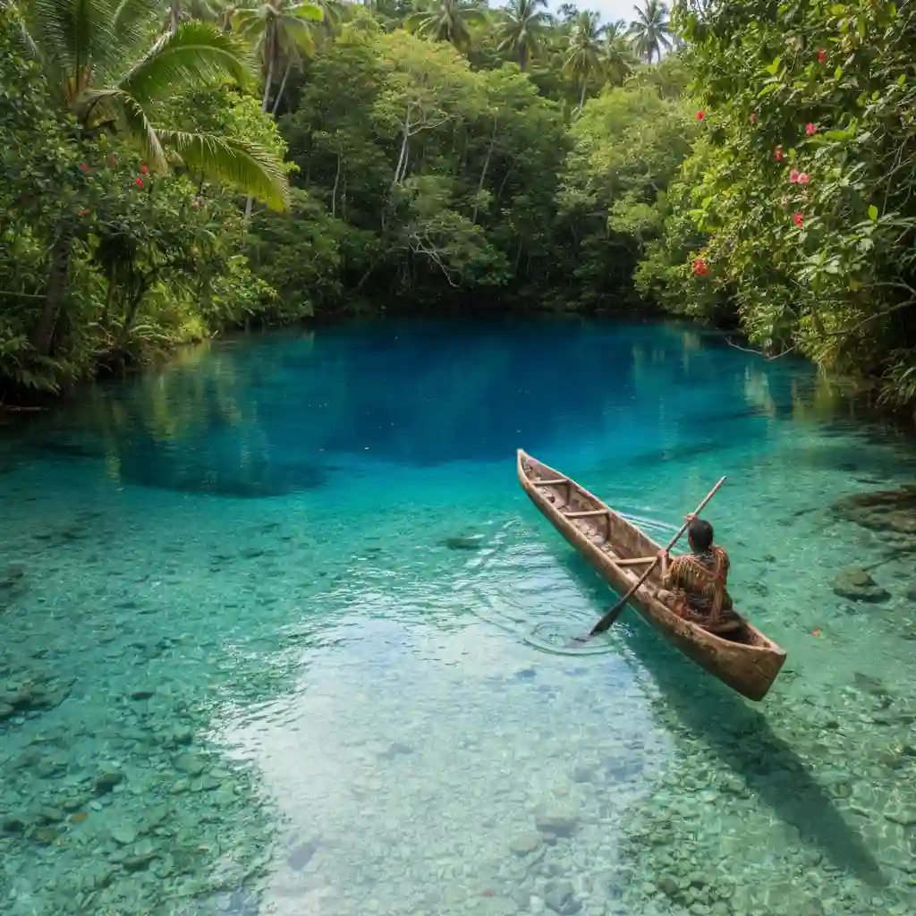 Traditional dugout canoe approach to Riri Blue Hole in Espiritu Santo