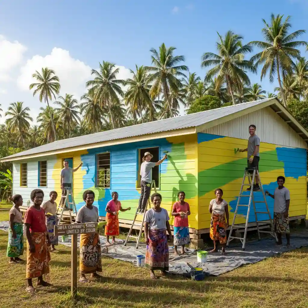 Volunteers and local villagers painting a school in a Vanuatu village
