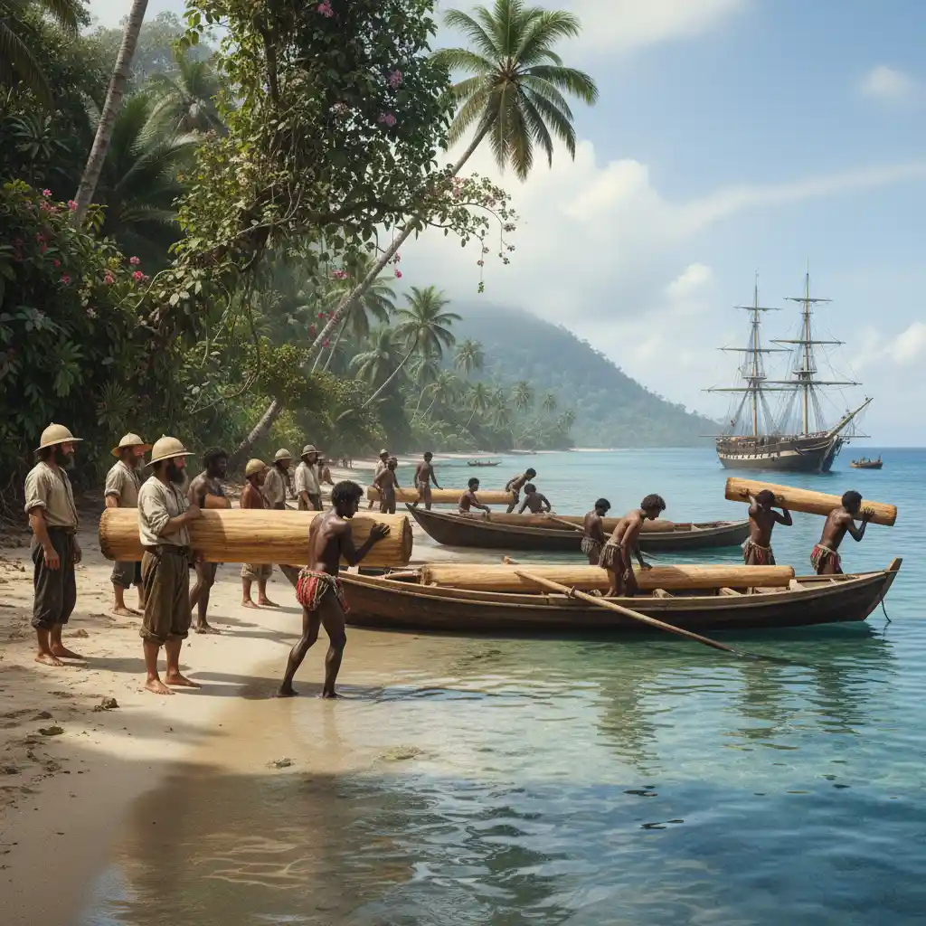 Sandalwood traders loading timber in 19th century Vanuatu