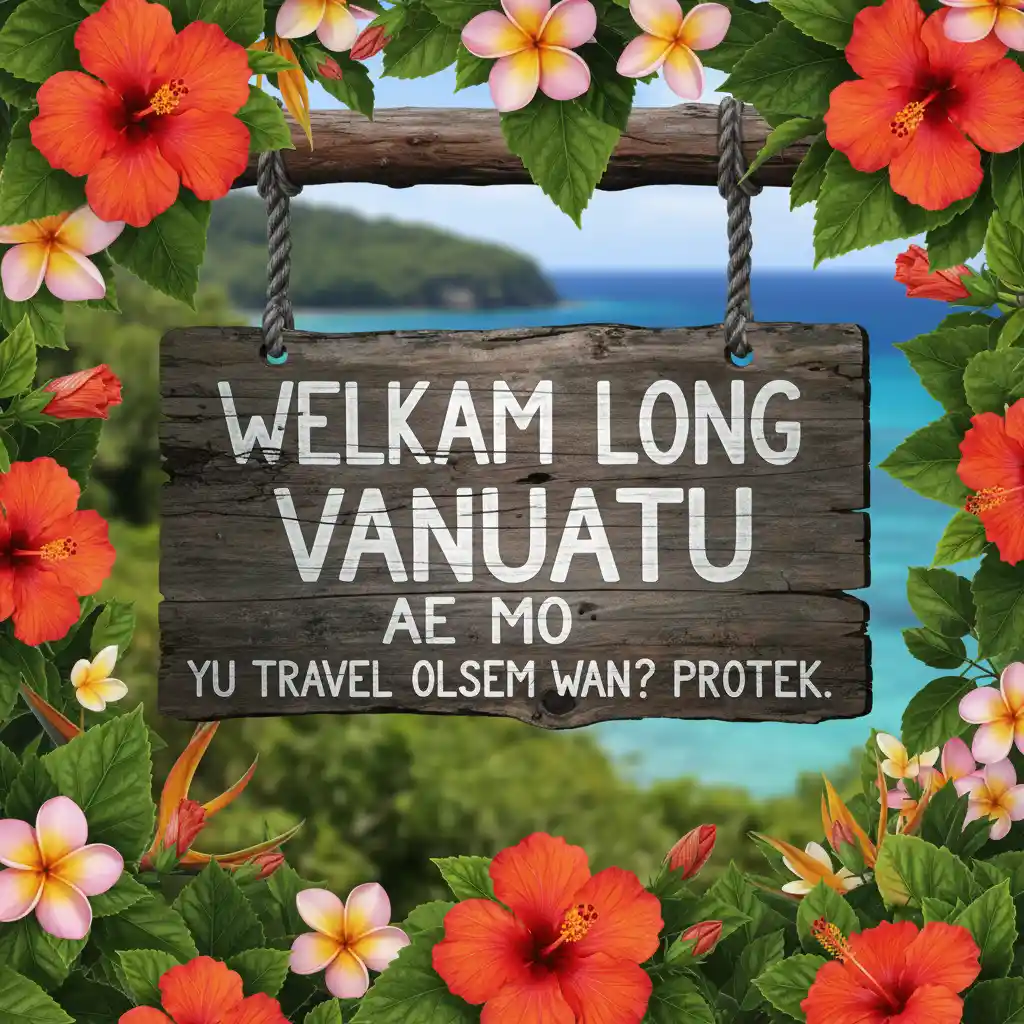 Rustic sign in Vanuatu with Bislama phrases
