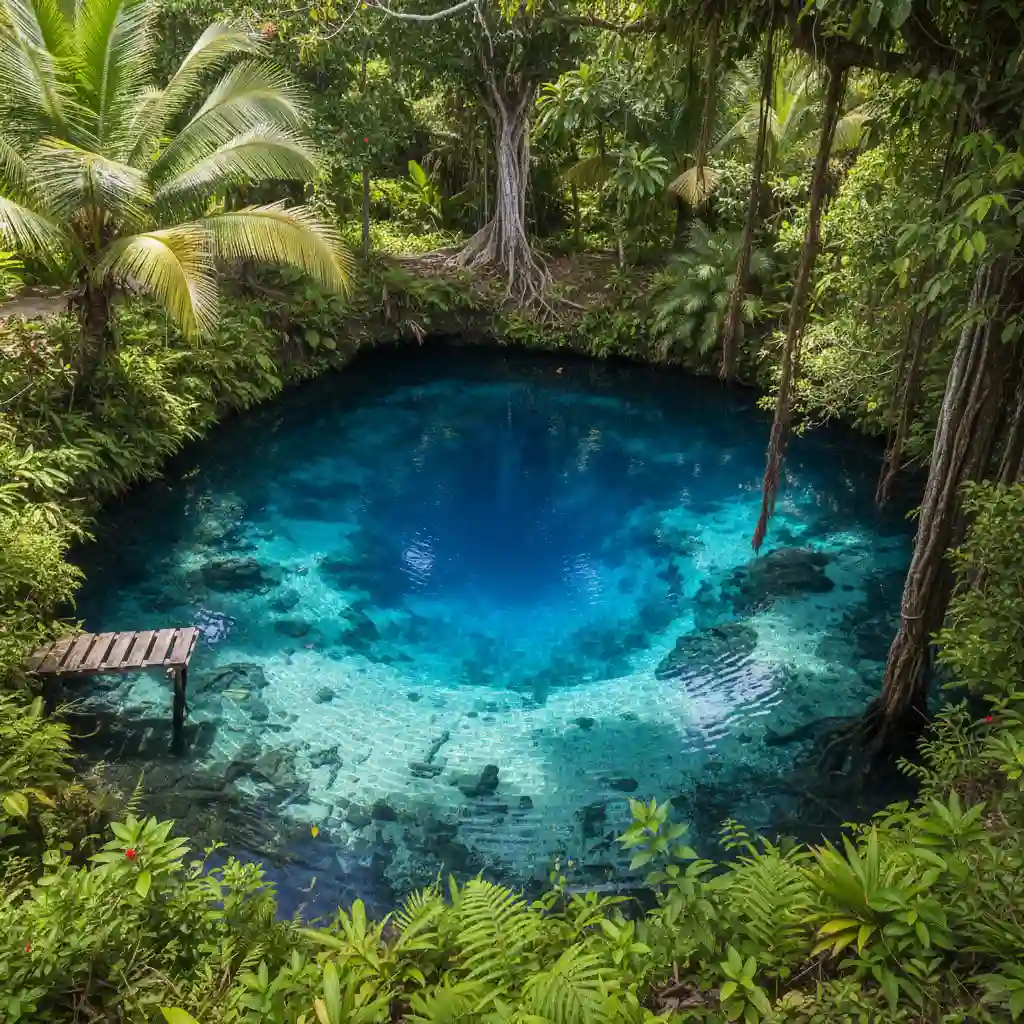 Natural freshwater blue hole in Vanuatu representing water purity