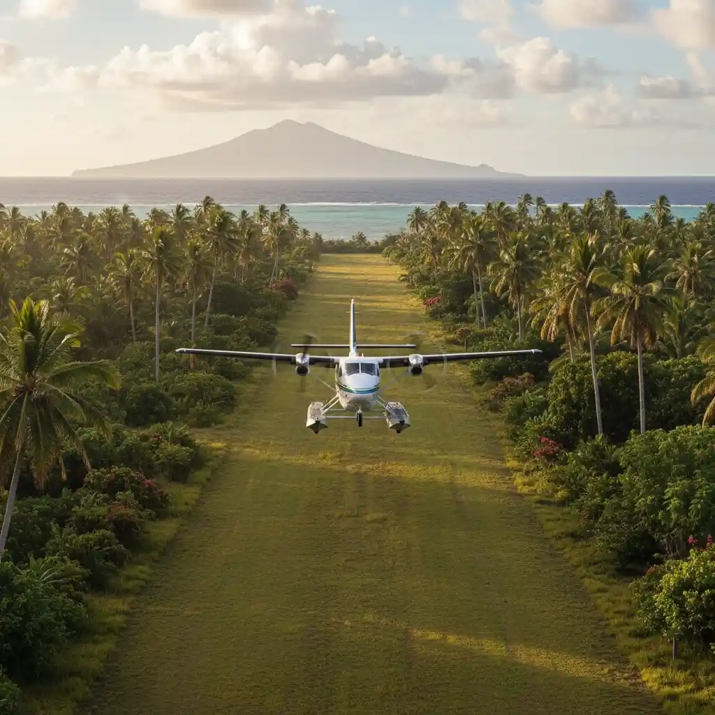 Small Twin Otter aircraft landing in remote Vanuatu