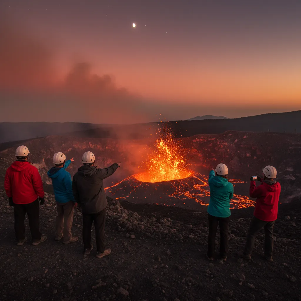 Tourists watching Mount Yasur volcano eruption on Tanna Island