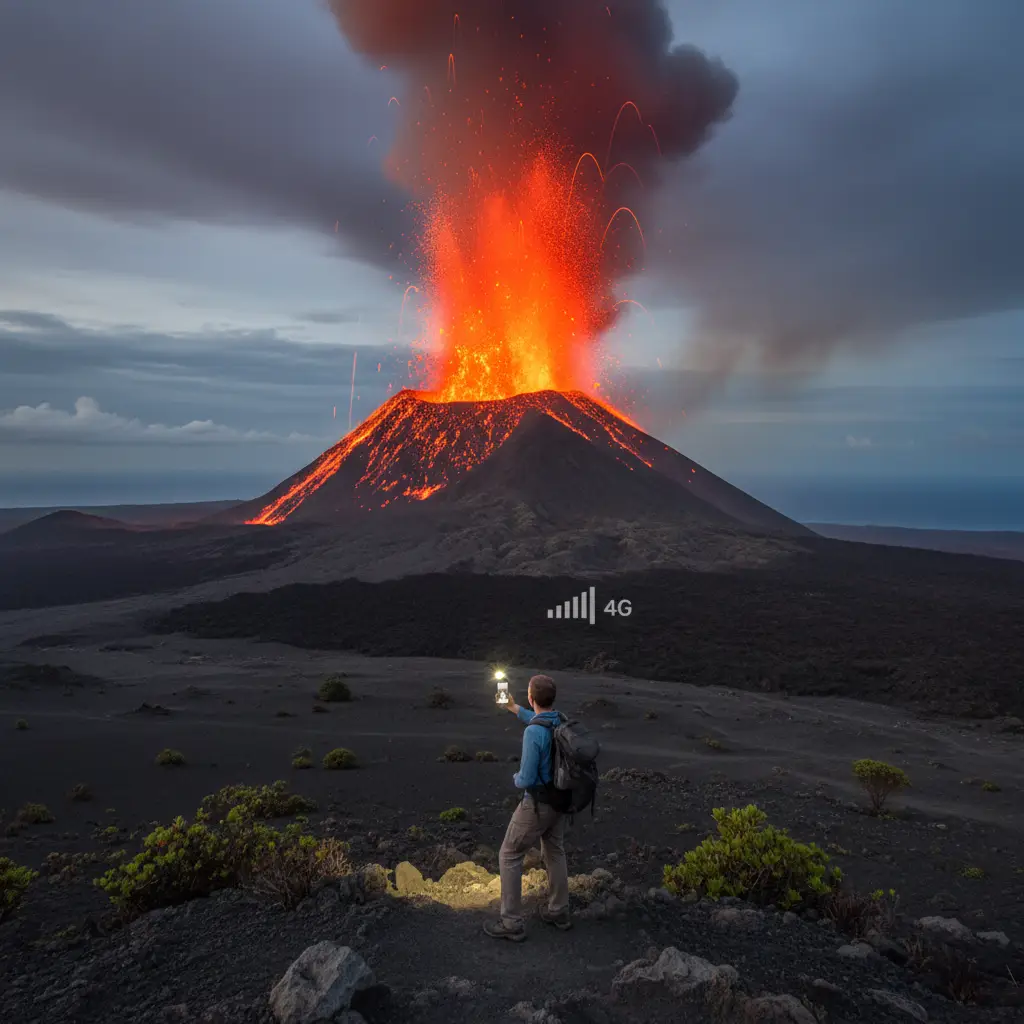 Using mobile phone near Mount Yasur volcano