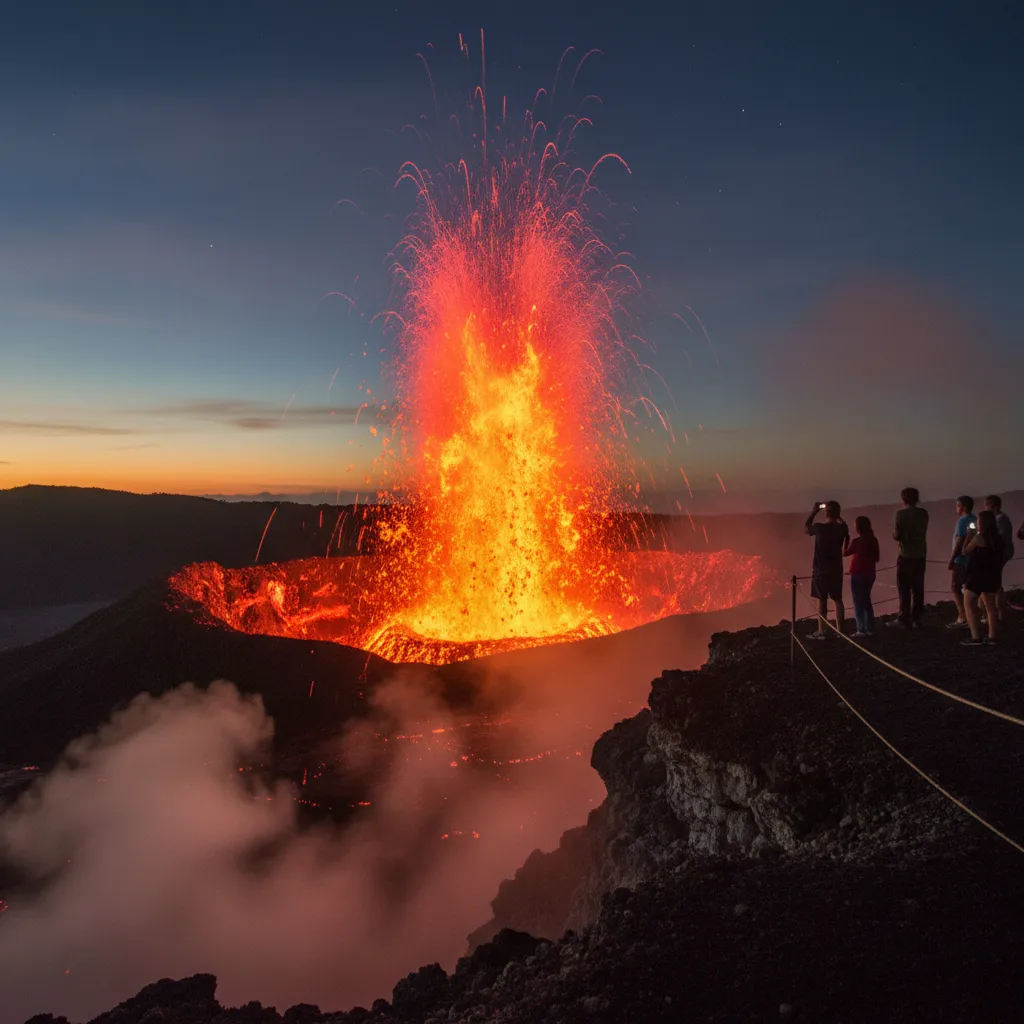 Mt Yasur Volcano erupting at night on Tanna Island