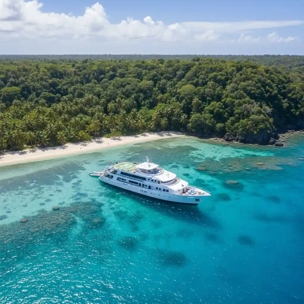 Luxury liveaboard dive vessel anchored off a remote Vanuatu island