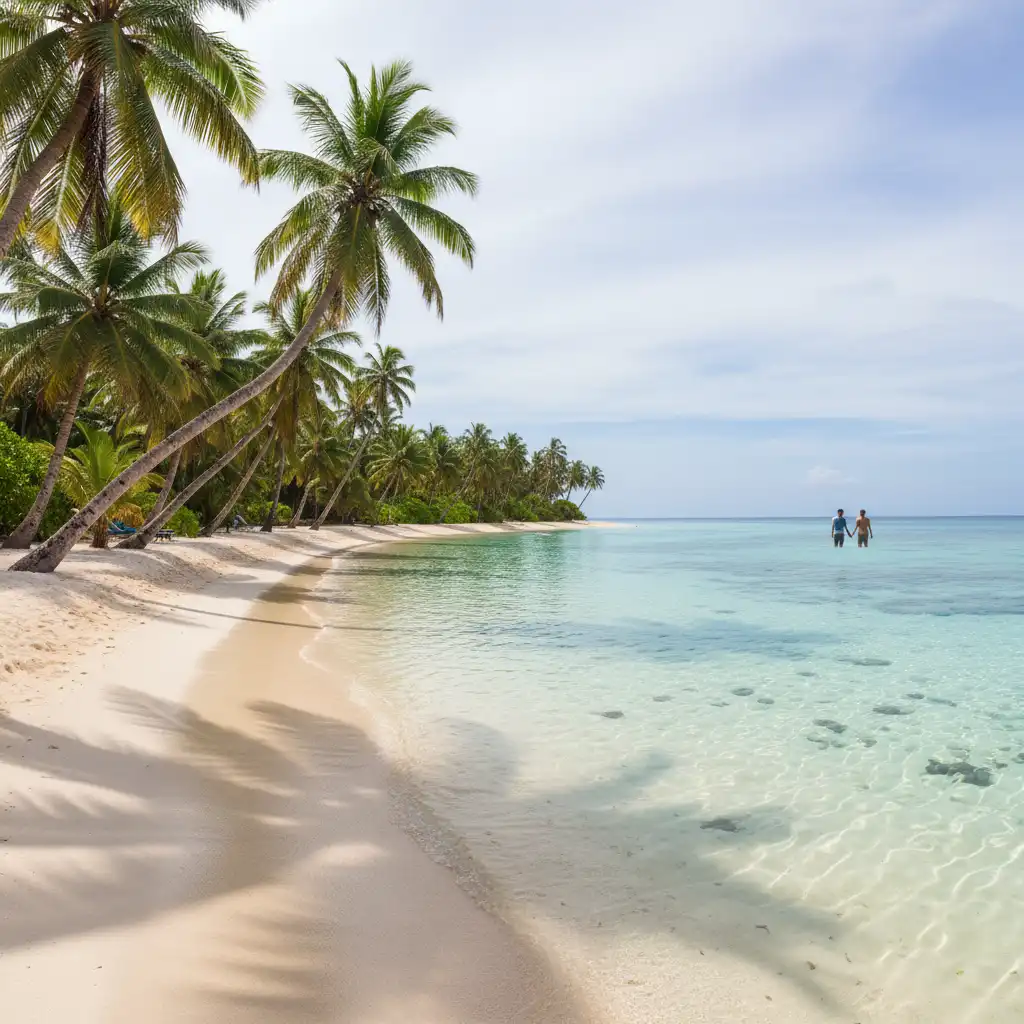Couples walking on a pristine white sand beach in Fiji's Yasawa Islands