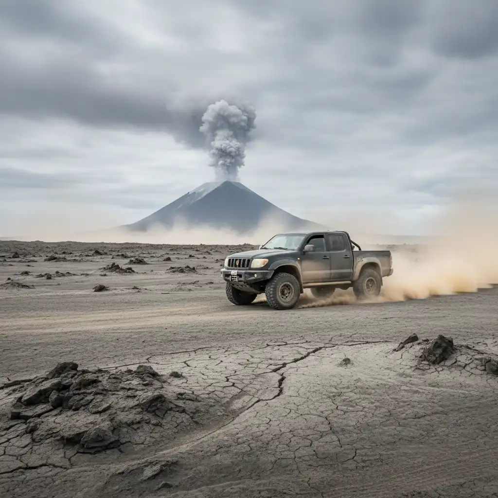 4WD vehicle crossing the Mt Yasur ash plain