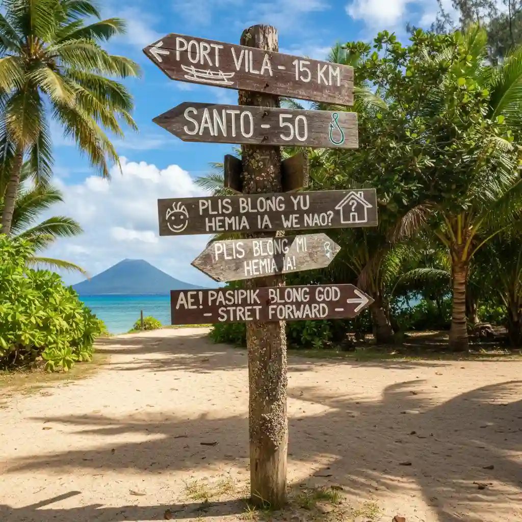 Vanuatu signpost illustrating Bislama prepositions