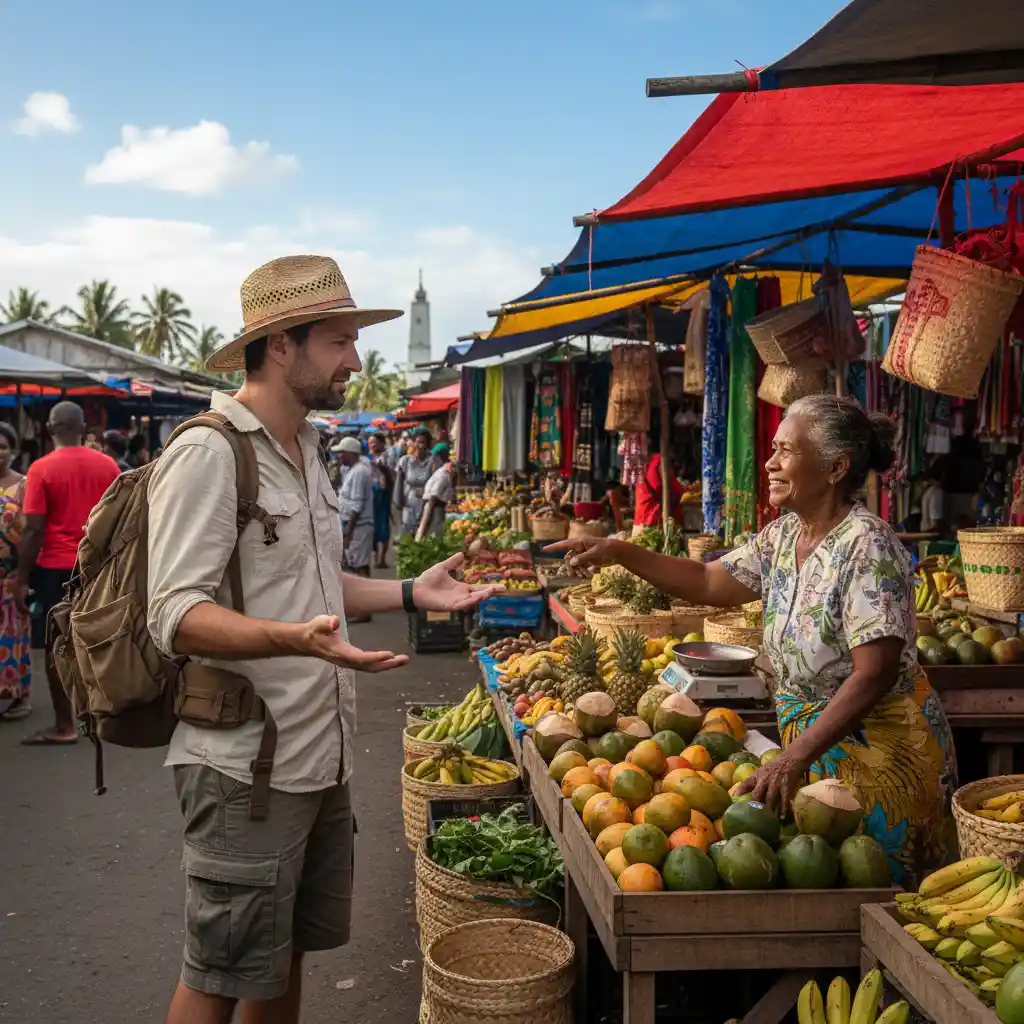 Asking for directions in a Vanuatu market