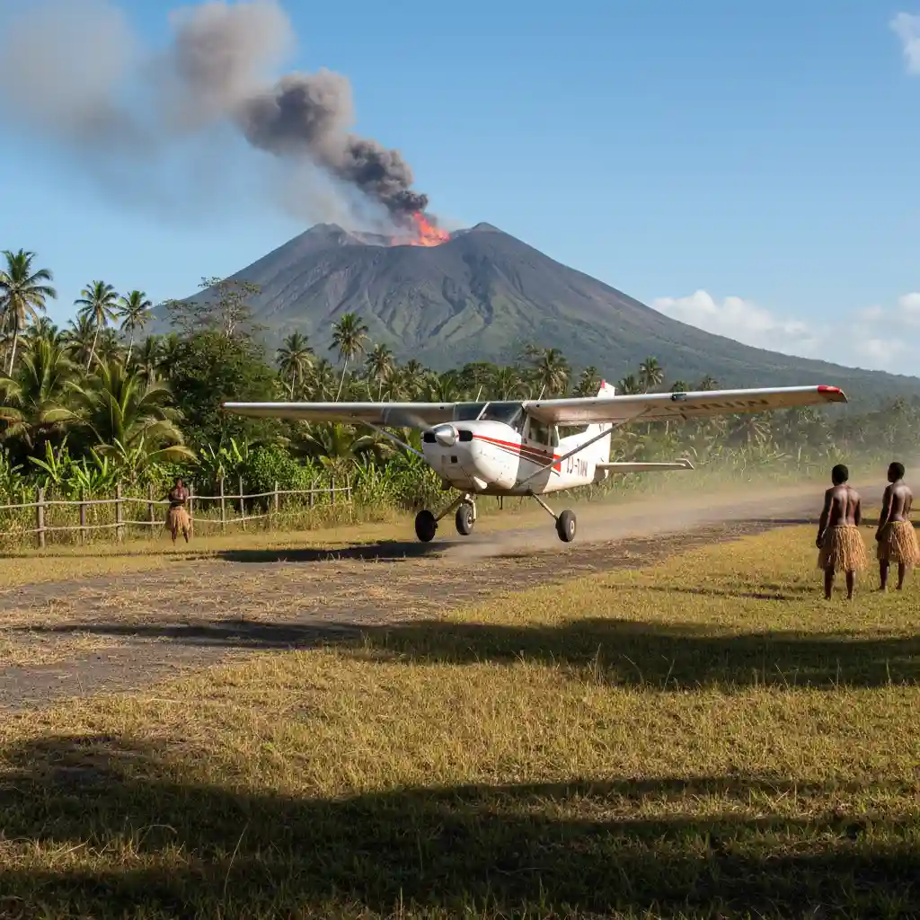 Domestic flight landing in Tanna near the volcano