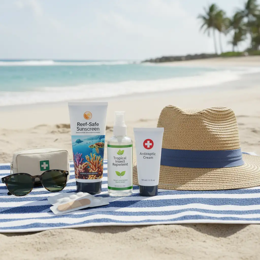 Health and safety essentials for tropical travel including sunscreen and insect repellent