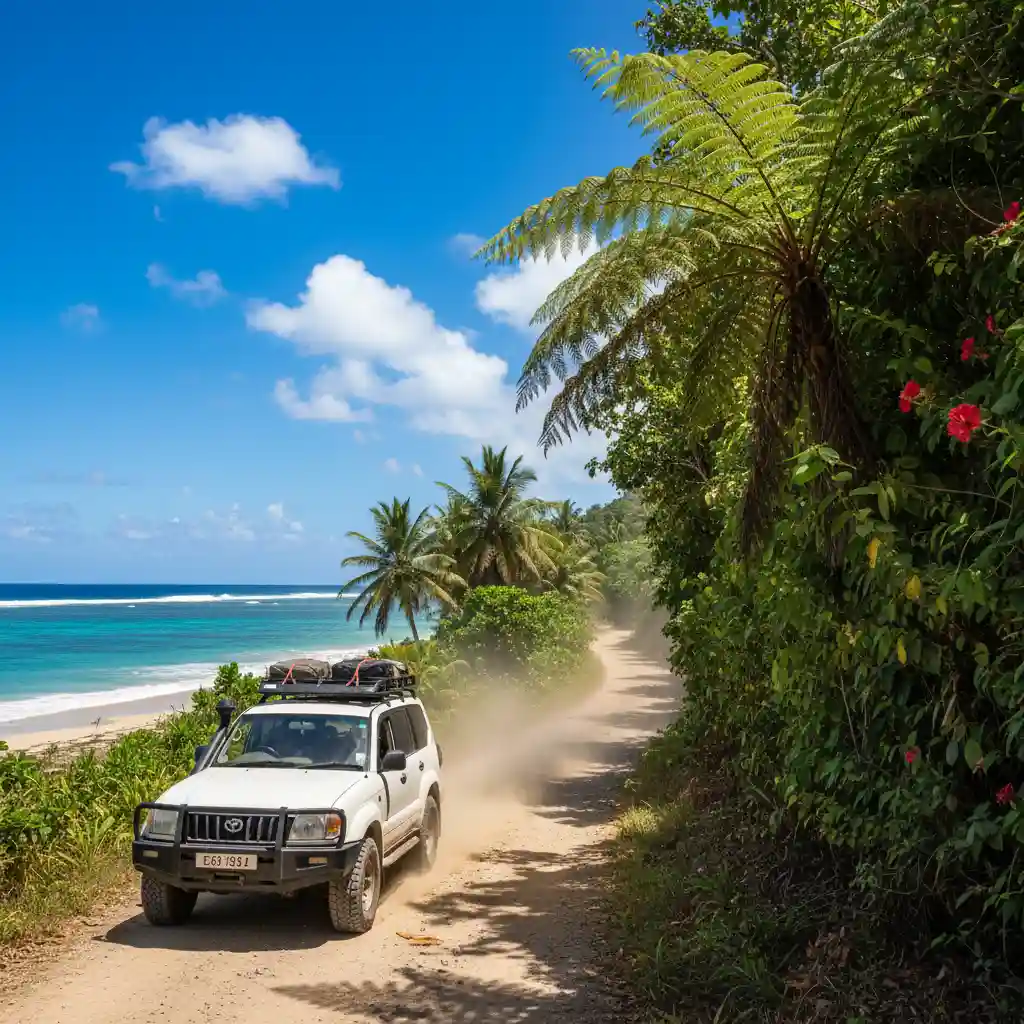 Rental car driving on Vanuatu coastal road