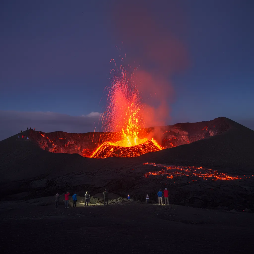 Mount Yasur volcano erupting at night on Tanna Island