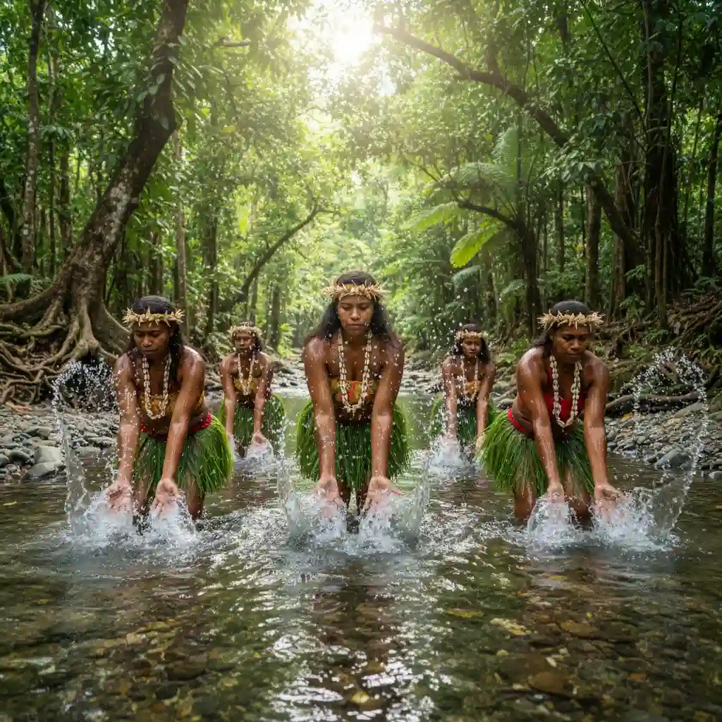 Women performing traditional water music in the rivers of Gaua