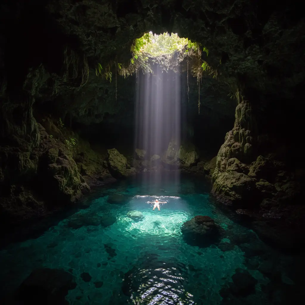 The illuminated turquoise waters inside the Blue Cave Erromango