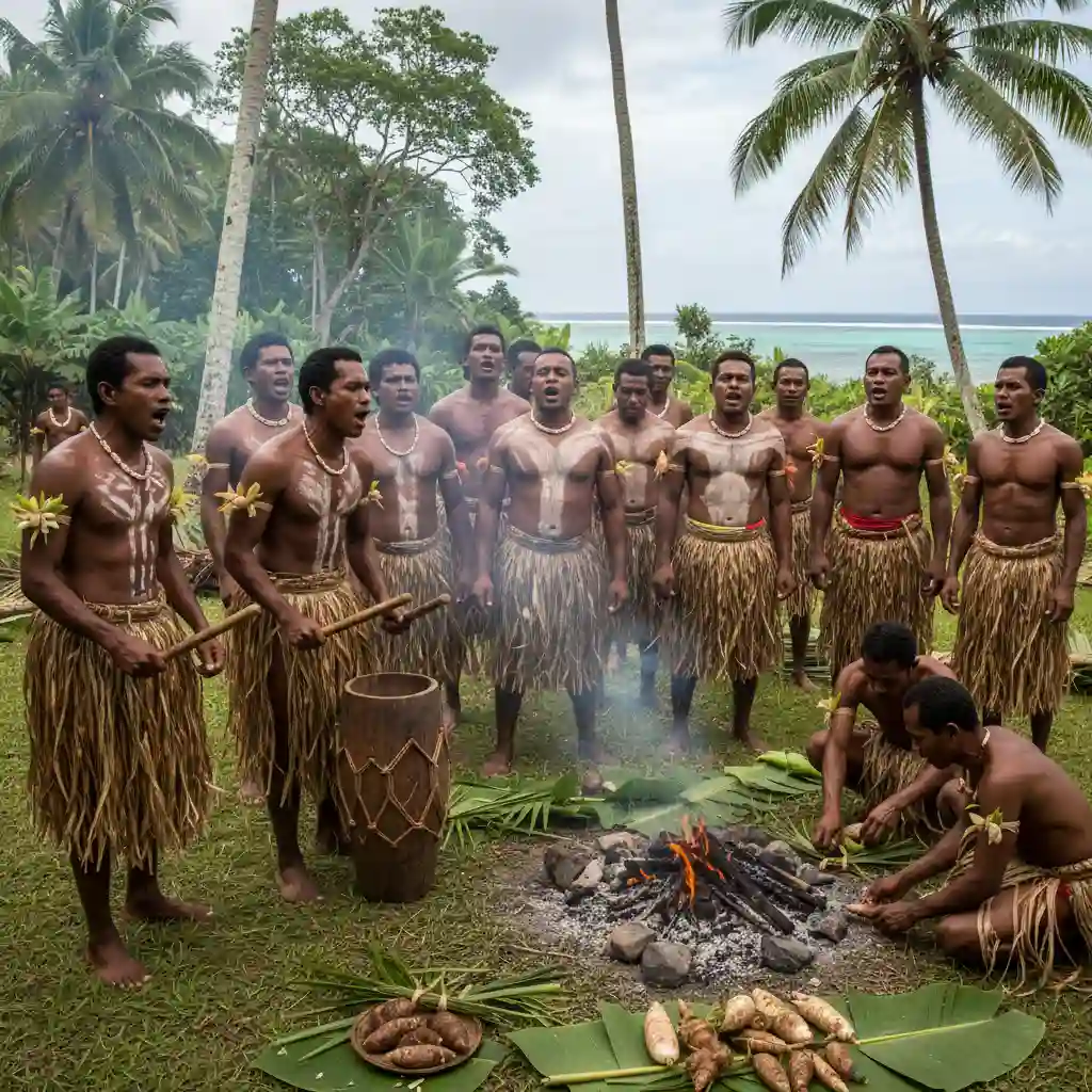 Pentecost Island men in traditional dress preparing for ceremony