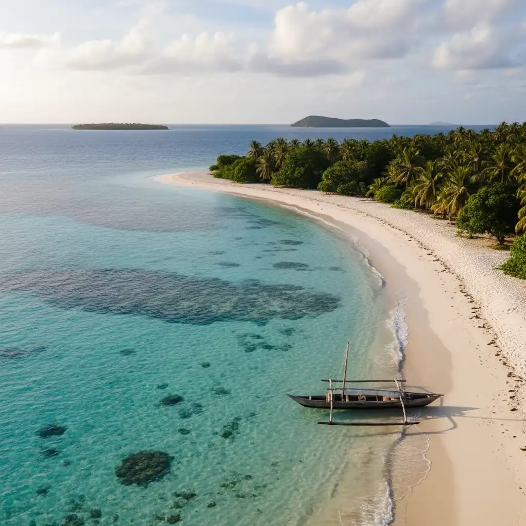 Pristine white sand beach with an outrigger canoe in the Shepherd Islands, Vanuatu