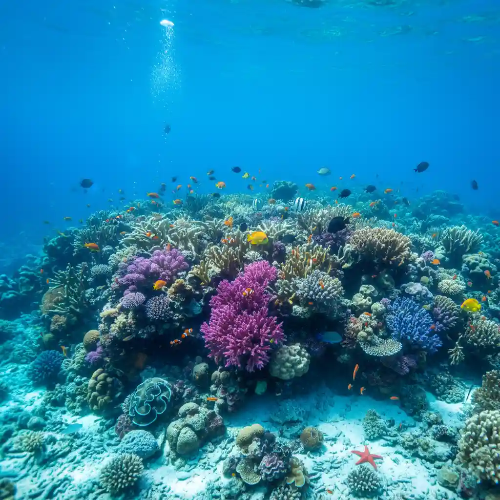 Vibrant coral reef in Vanuatu with tropical fish and clear water