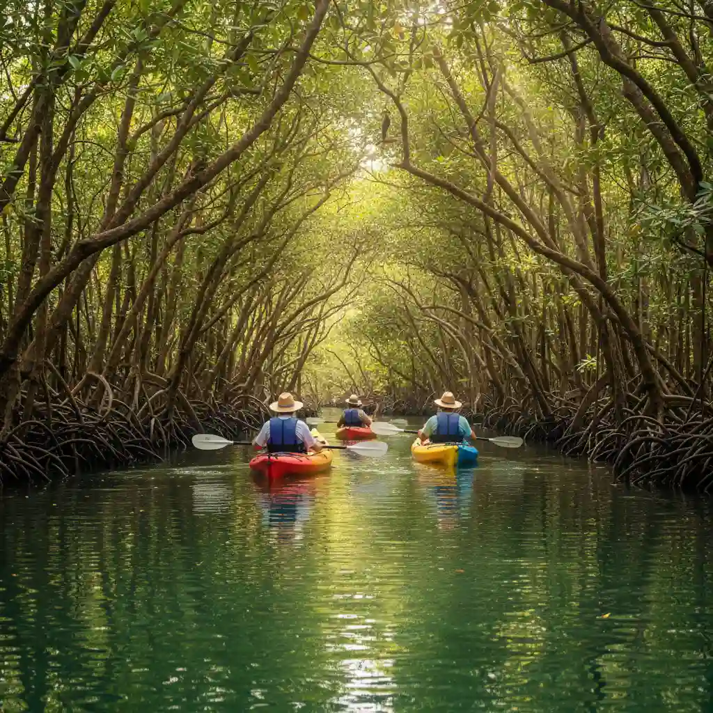 Group kayaking through a dense mangrove forest in Vanuatu