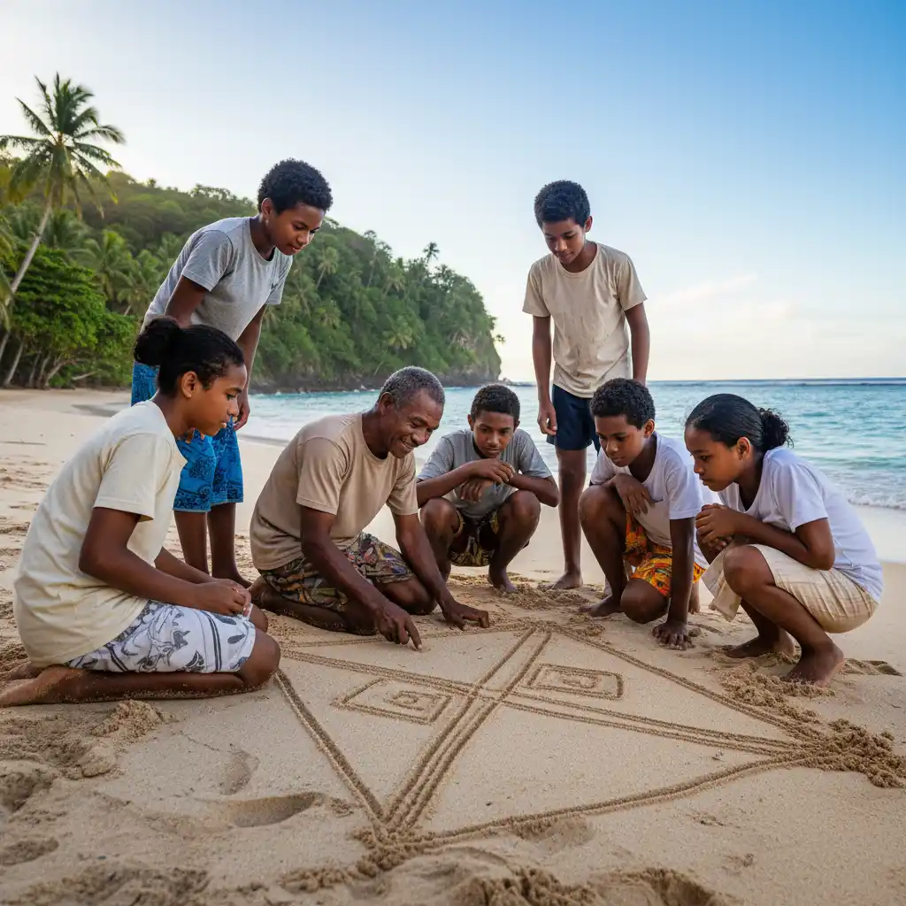Ni-Vanuatu youth learning sand drawing from elder