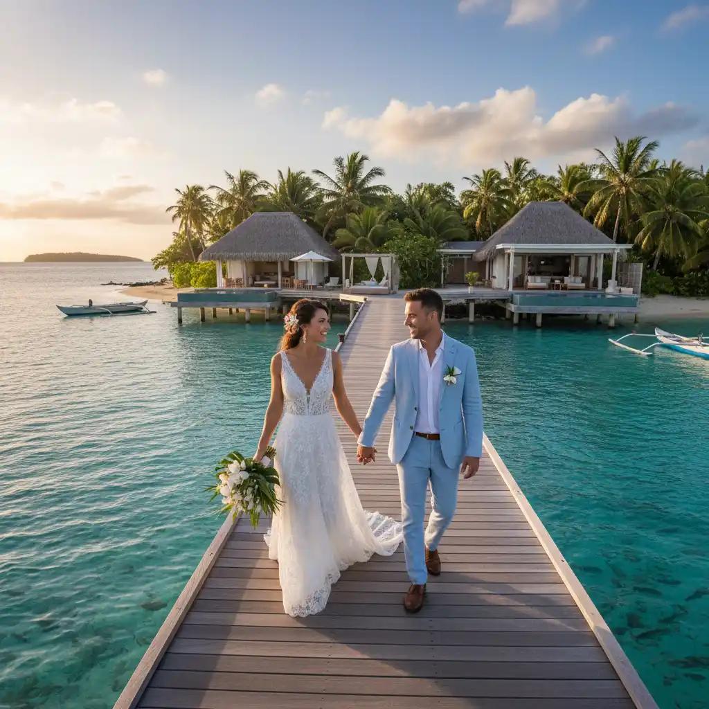 Bride and groom on a jetty in Vanuatu