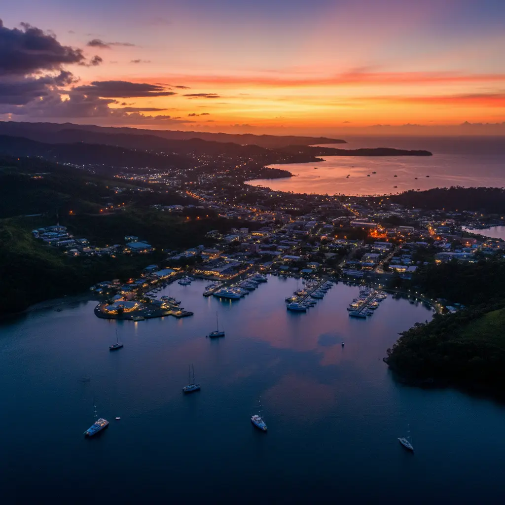 Port Vila harbor at dusk with luxury boats
