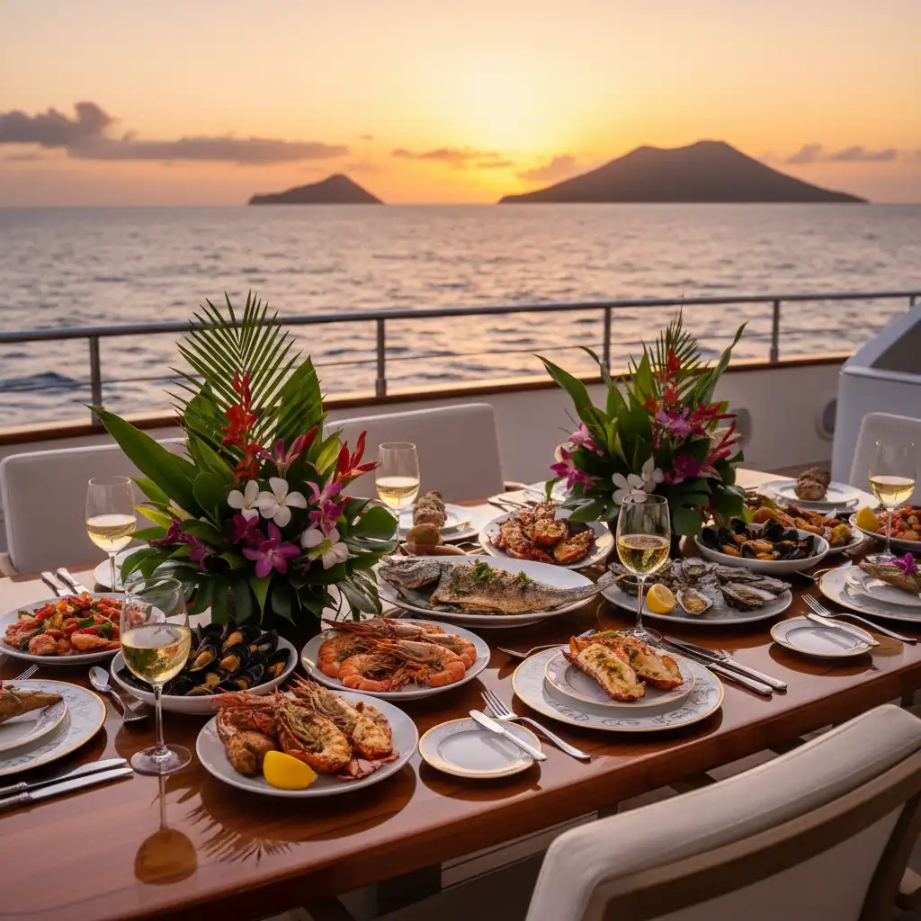 Gourmet seafood dinner on a luxury yacht deck at sunset