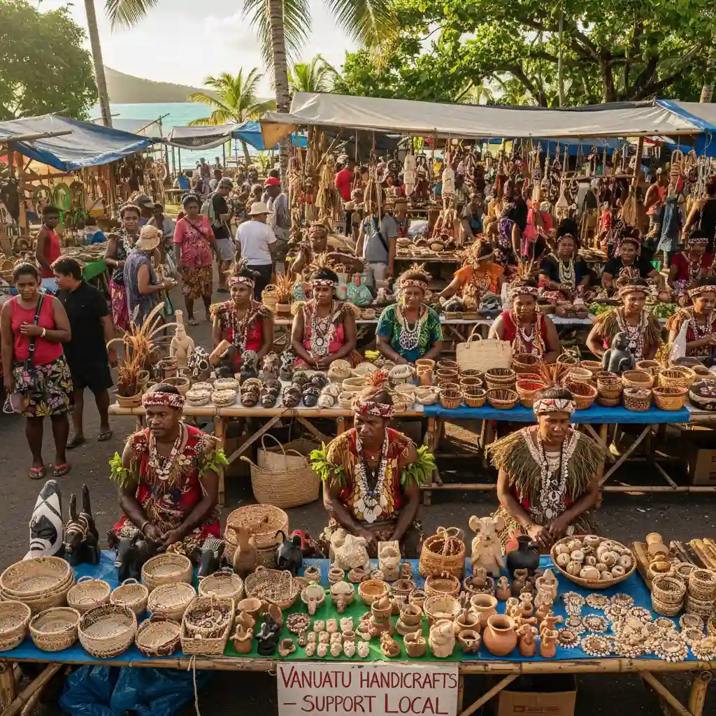 Local Vanuatu market with traditional crafts and artisans