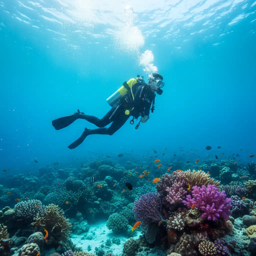 Diver performing a safety decompression stop at the Coral Garden near the SS President Coolidge