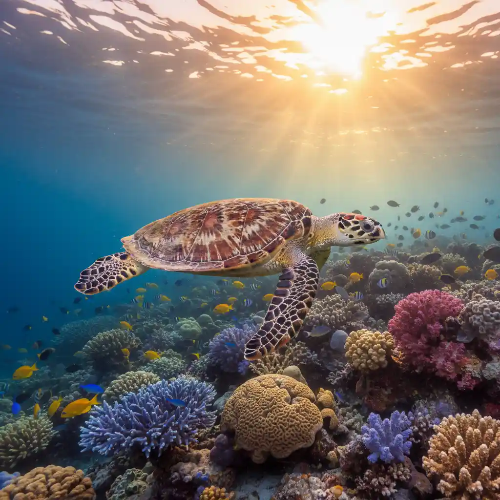 Hawksbill sea turtle swimming over a Vanuatu coral reef