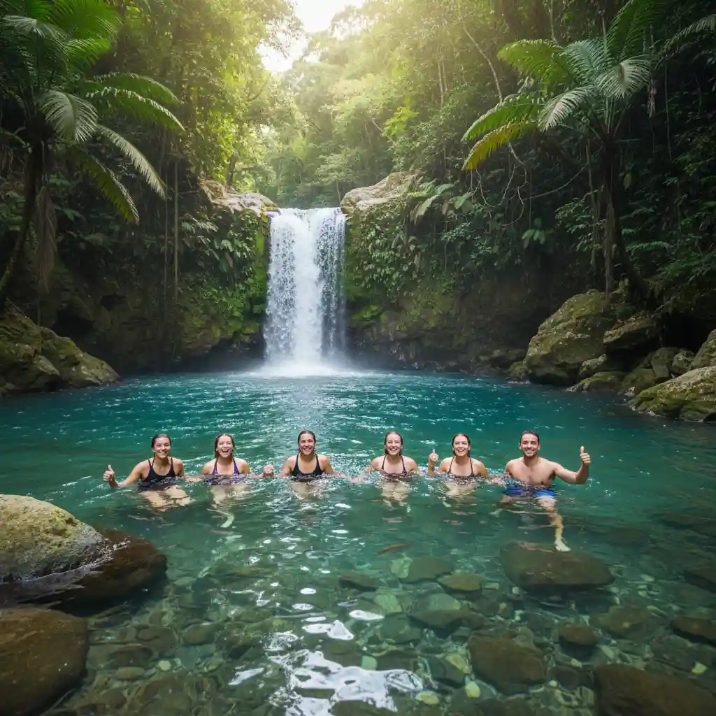 Travelers enjoying the refreshing pools at Mele Cascades