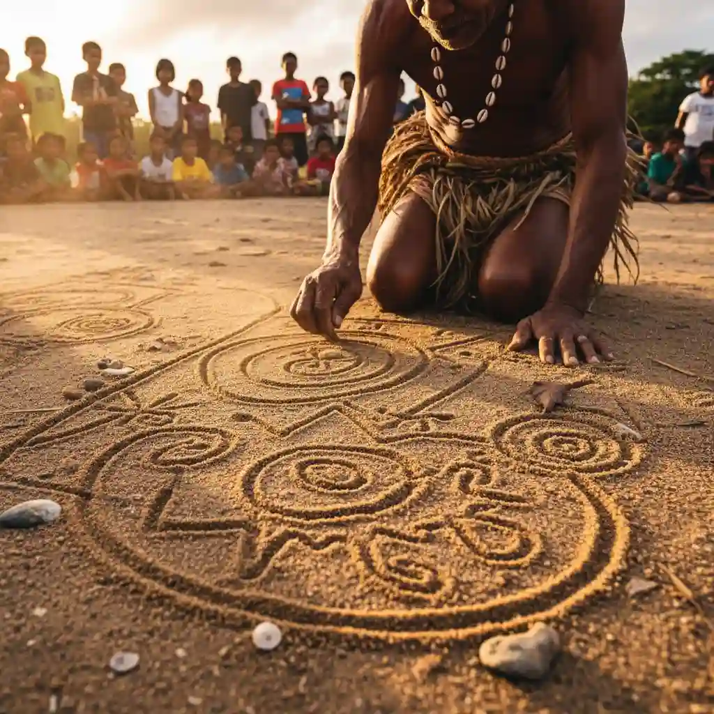 Traditional sand drawing demonstration in Vanuatu