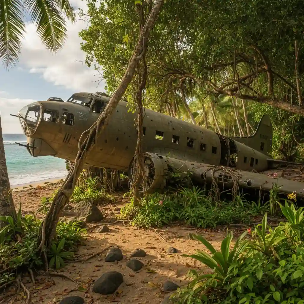 Wreckage of a WWII B-17 bomber in the Vanuatu jungle