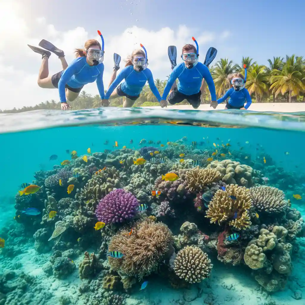 Family snorkeling safely with reef shoes in Vanuatu