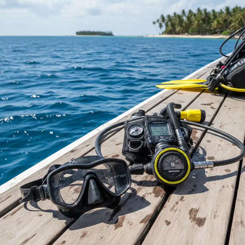 Scuba diving equipment preparation on a boat deck
