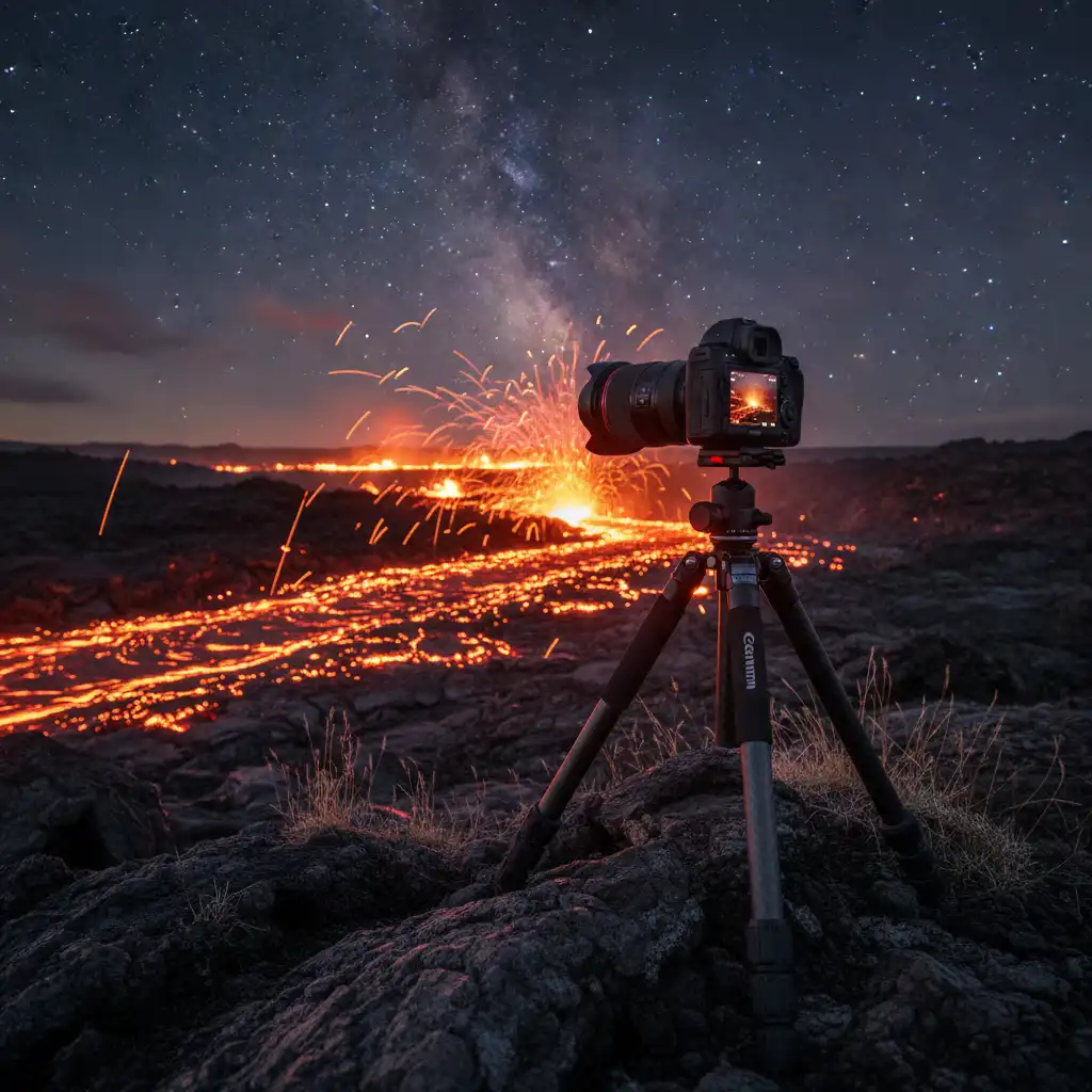 Photography setup for Mt Yasur volcano at night