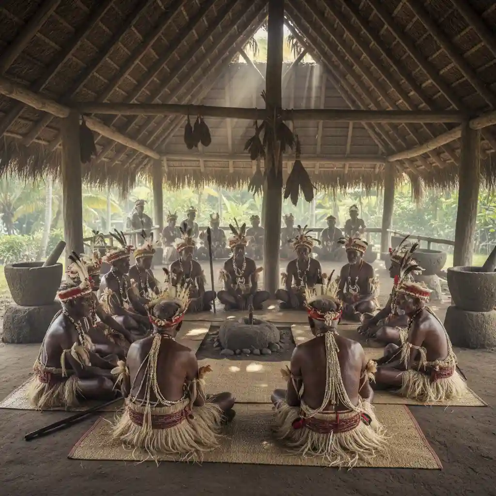 Vanuatu chiefs gathering in a traditional nakamal