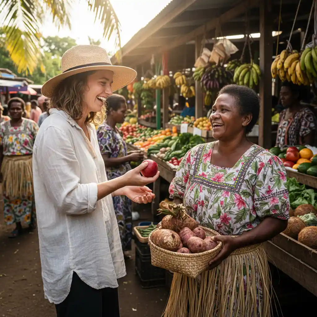 Tourist interacting with local vendor at Vanuatu market