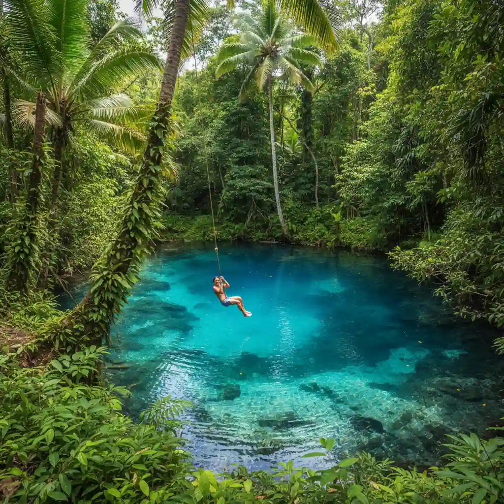 Rope swing at Matevulu Blue Hole