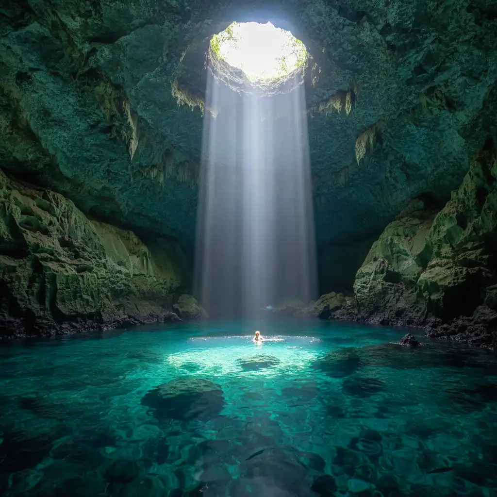 The Blue Cave in Tanna illuminated by a shaft of sunlight