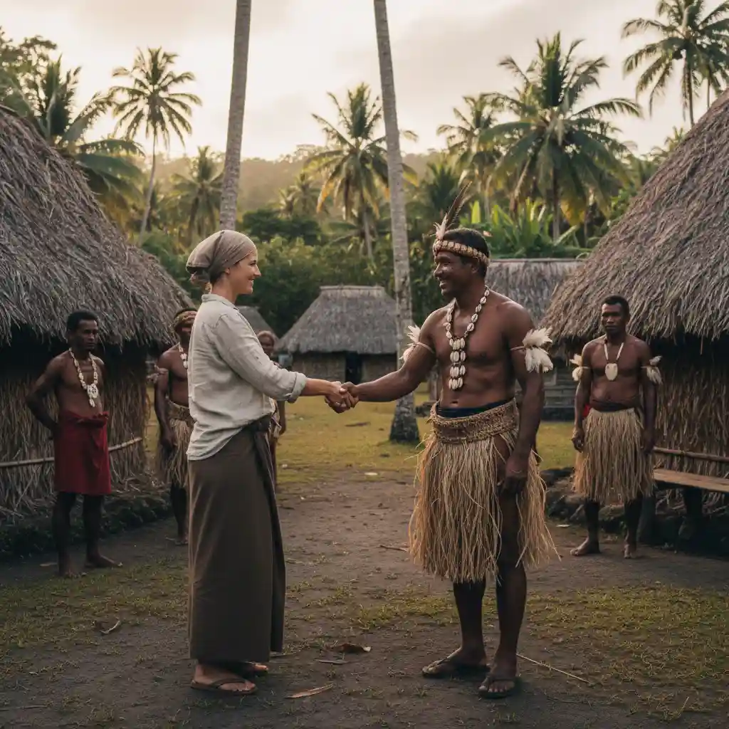 Tourist showing respect to Vanuatu chief, cultural interaction