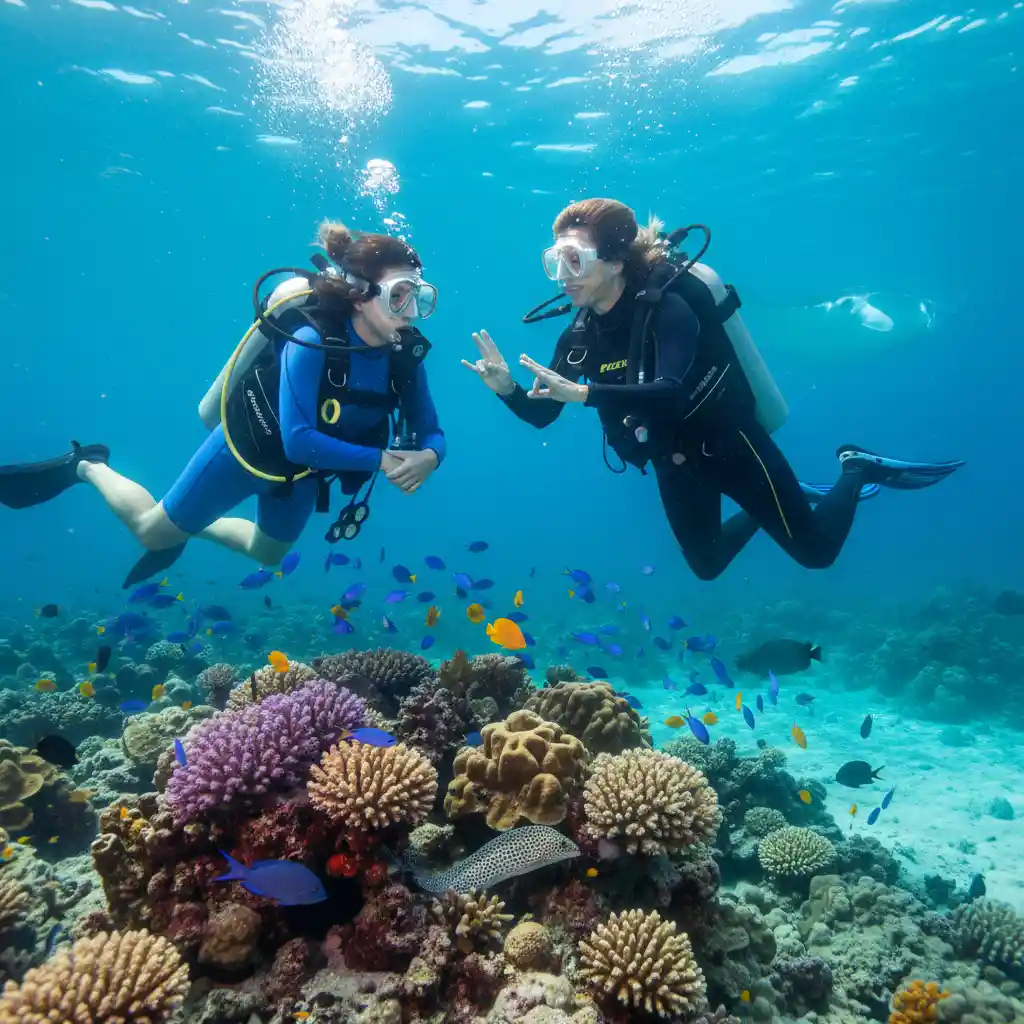 Scuba diving instructor teaching a student Open Water course in Vanuatu