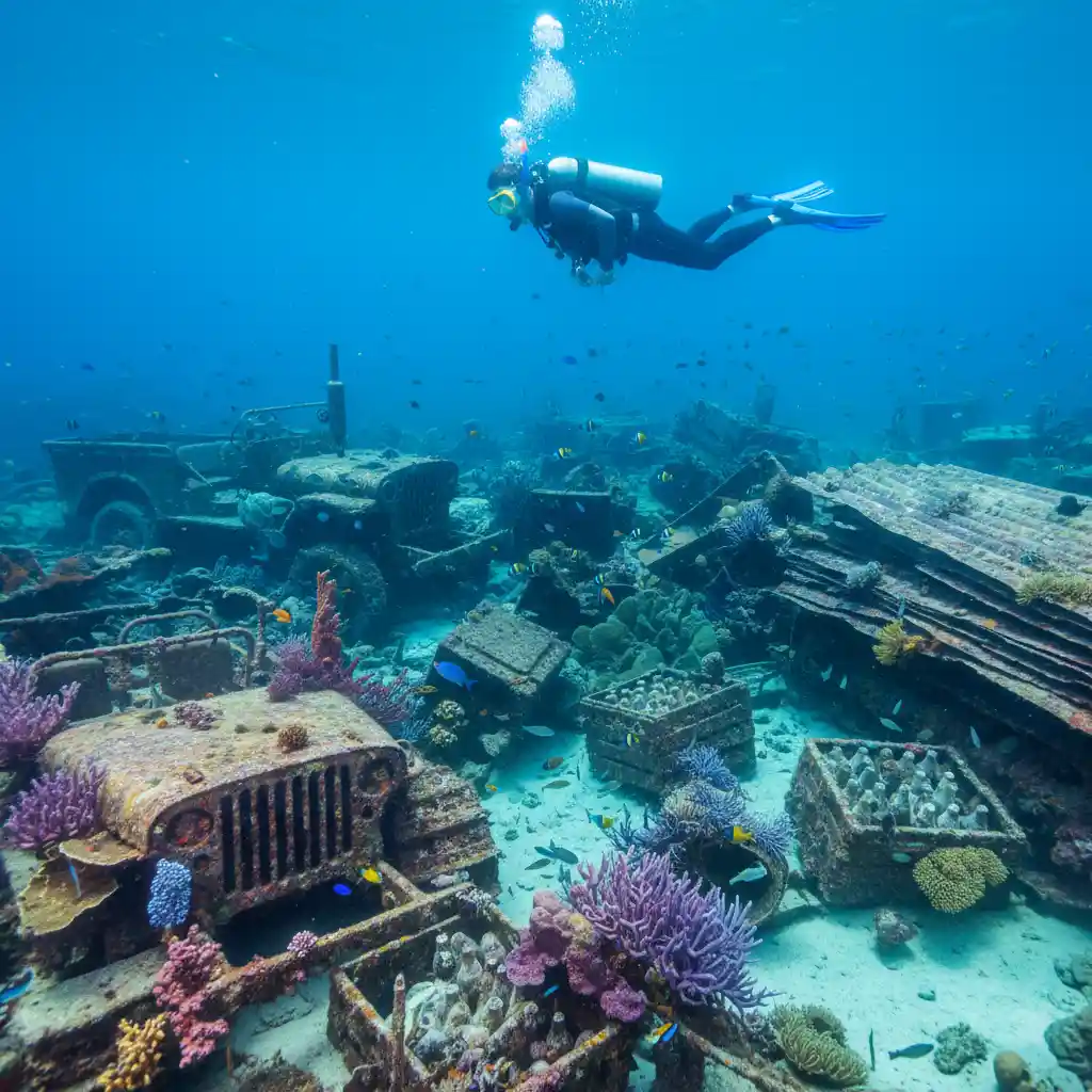 Snorkelling amongst WWII relics at Million Dollar Point
