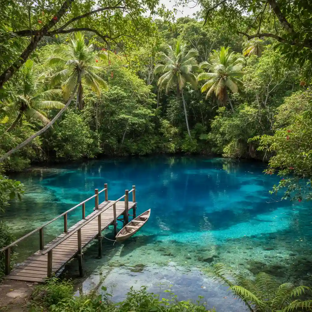 Serene blue hole in Vanuatu with tropical foliage and wooden jetty