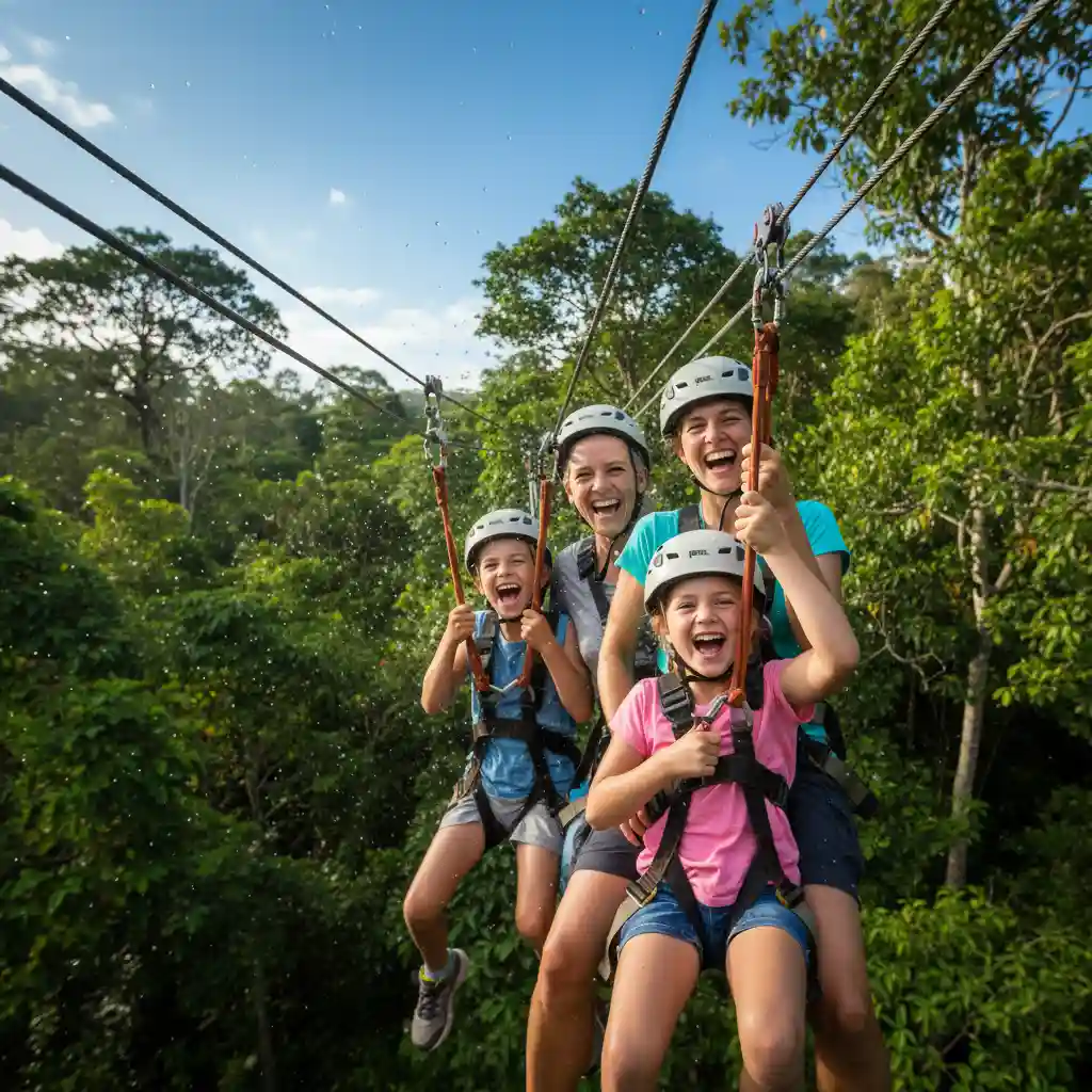 Family enjoying ziplining in Efate, Vanuatu, creating lasting memories