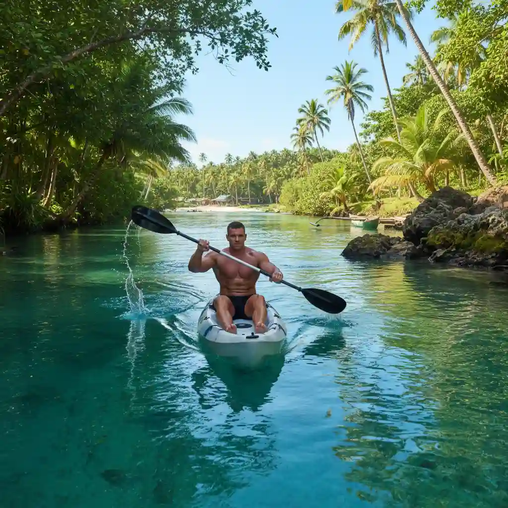 Kayaker enjoying a fitness paddle on a calm Vanuatu river